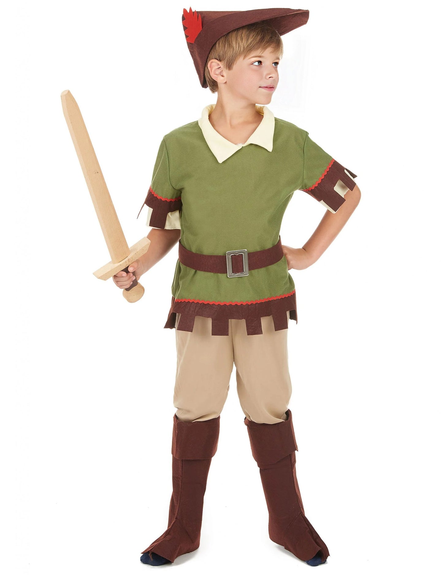 Férfi erdei jelmez zöld és barna színben kalappal és karddal fiúknak