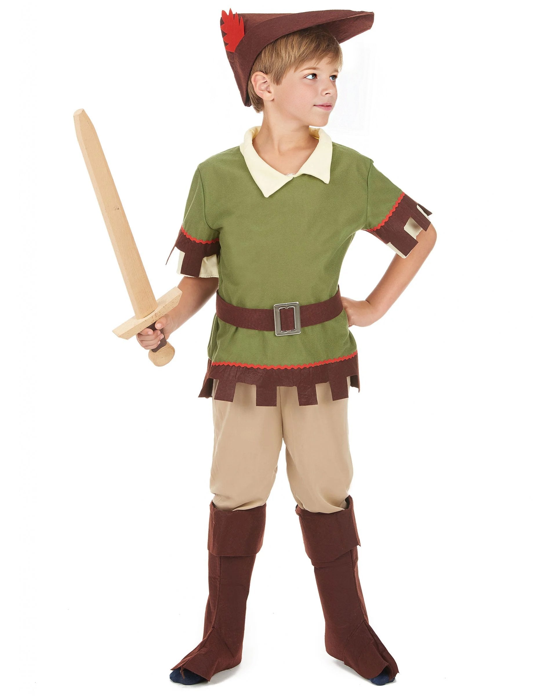 Férfi erdei jelmez zöld és barna színben kalappal és karddal fiúknak