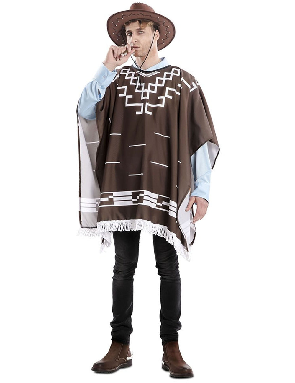 Déguisement de hors la loi pour homme marron avec poncho à motifs blancs et chapeau