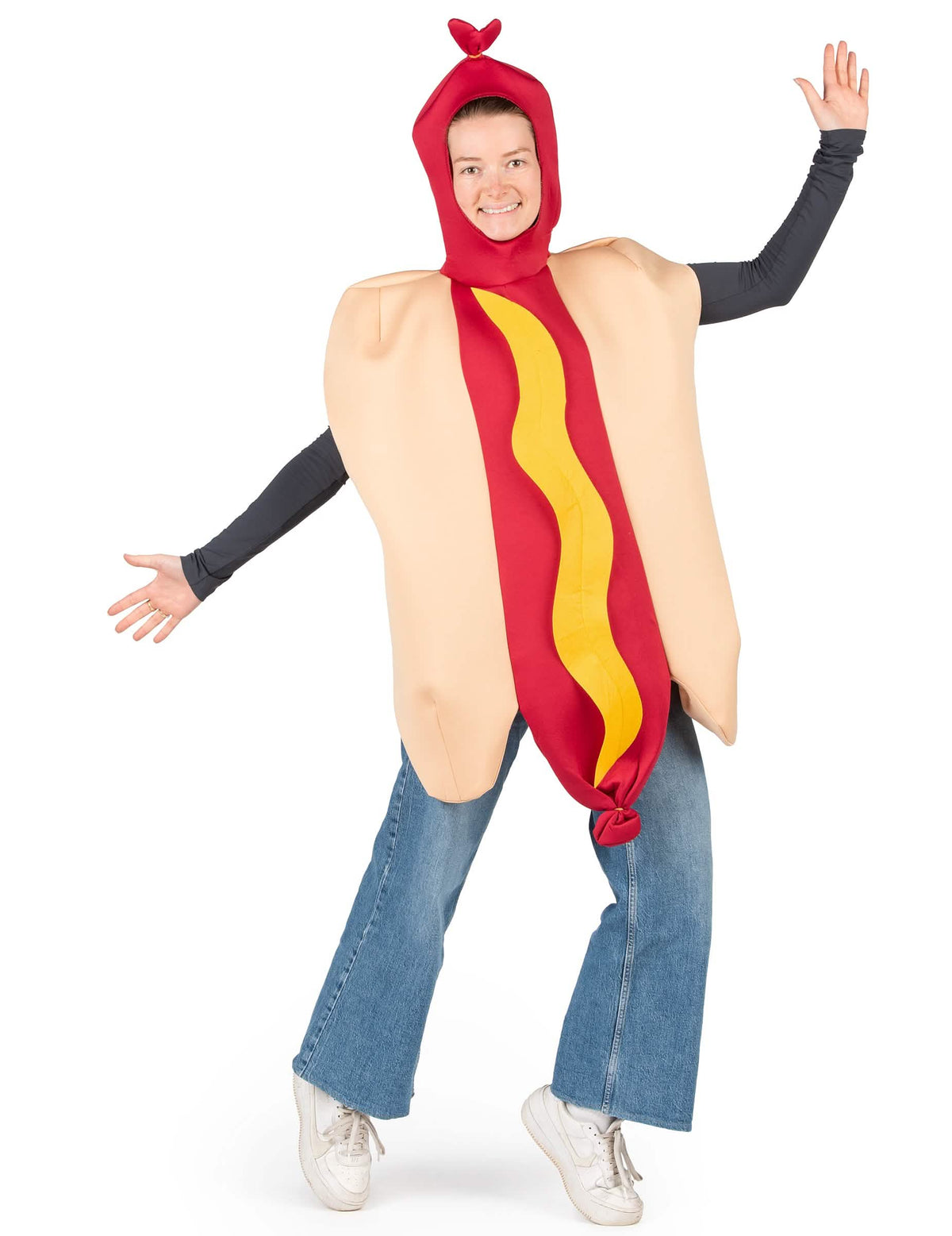 Hot dog felnőtt jelmez bézs és piros színben, sárga mustárral