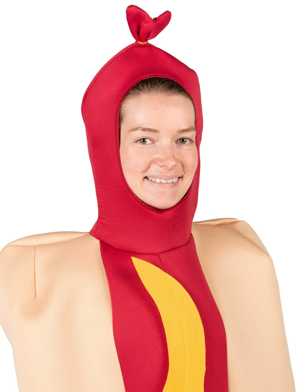Közelkép a felnőtt hot dog jelmez kapucnijáról
