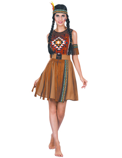 Déguisement indienne à franges pour femme marron avec motifs ethniques et bandeau