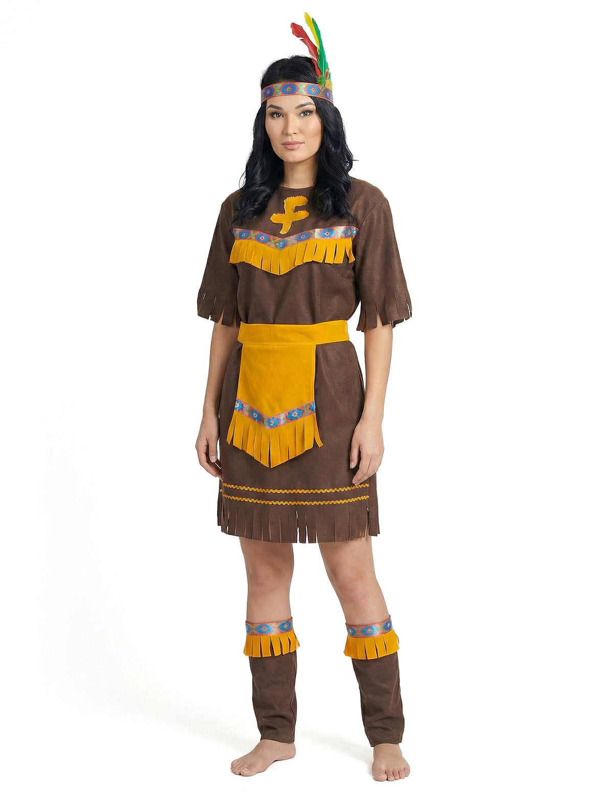 Déguisement indienne ceintrée pour femme marron et jaune avec franges