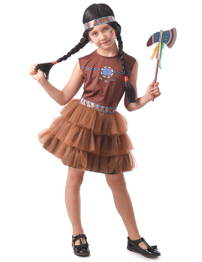 Déguisement indienne chic pour fille marron avec jupon en tulle et bandeau tribal