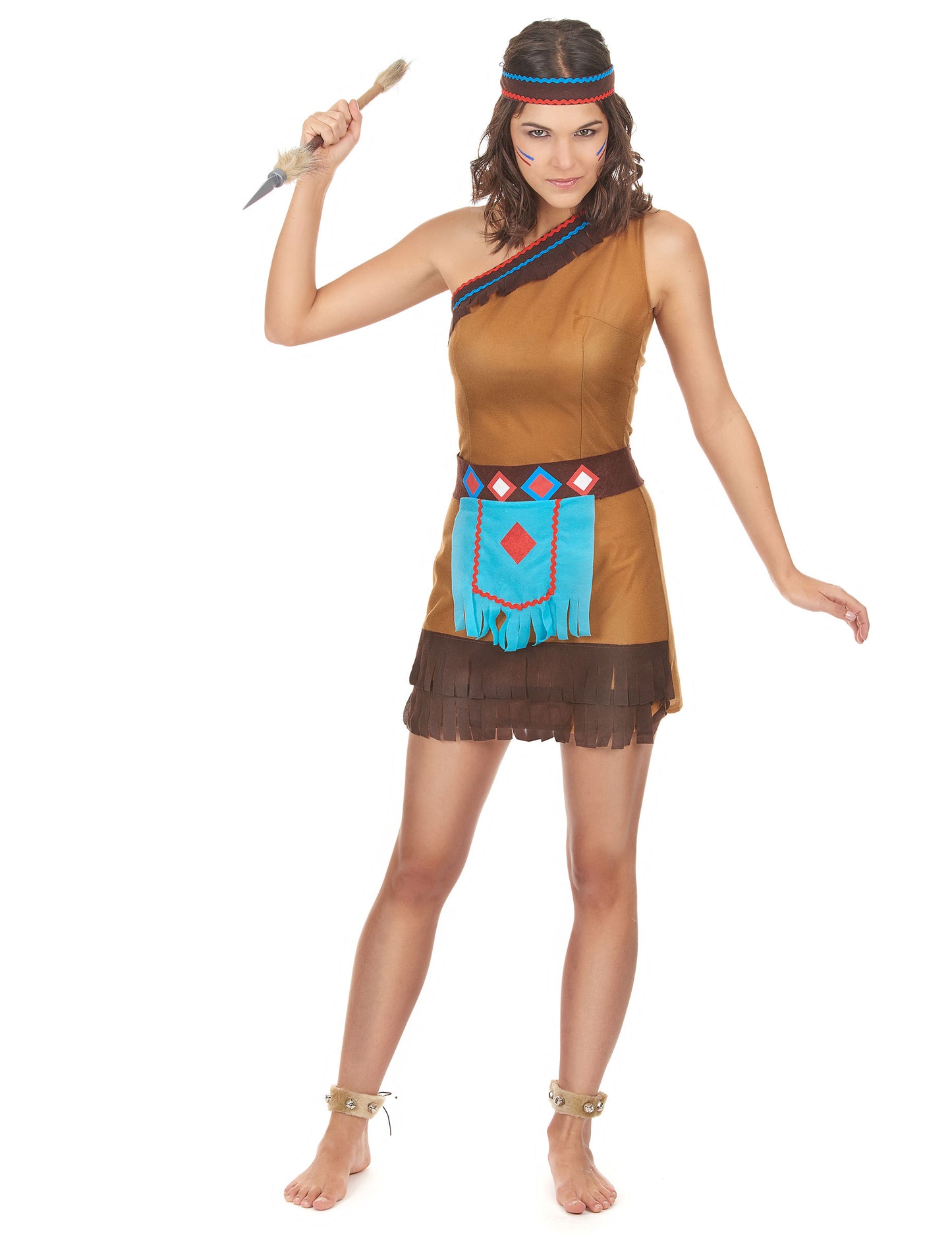Déguisement indienne sans manches pour femme marron avec détails bleu et rouge