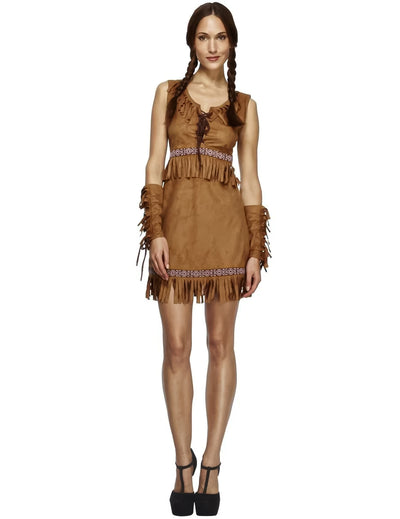 Déguisement indienne imitation daim pour femme marron avec franges