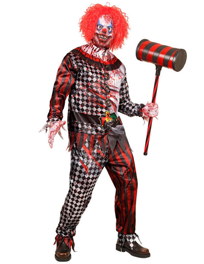 Déguisement intégral clown tueur pour adulte rouge et noir ensanglanté avec marteau