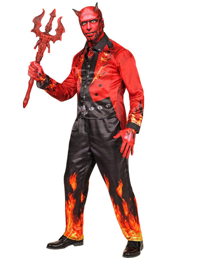 Déguisement intégral diable en feu pour adulte rouge et noir avec motifs de flammes
