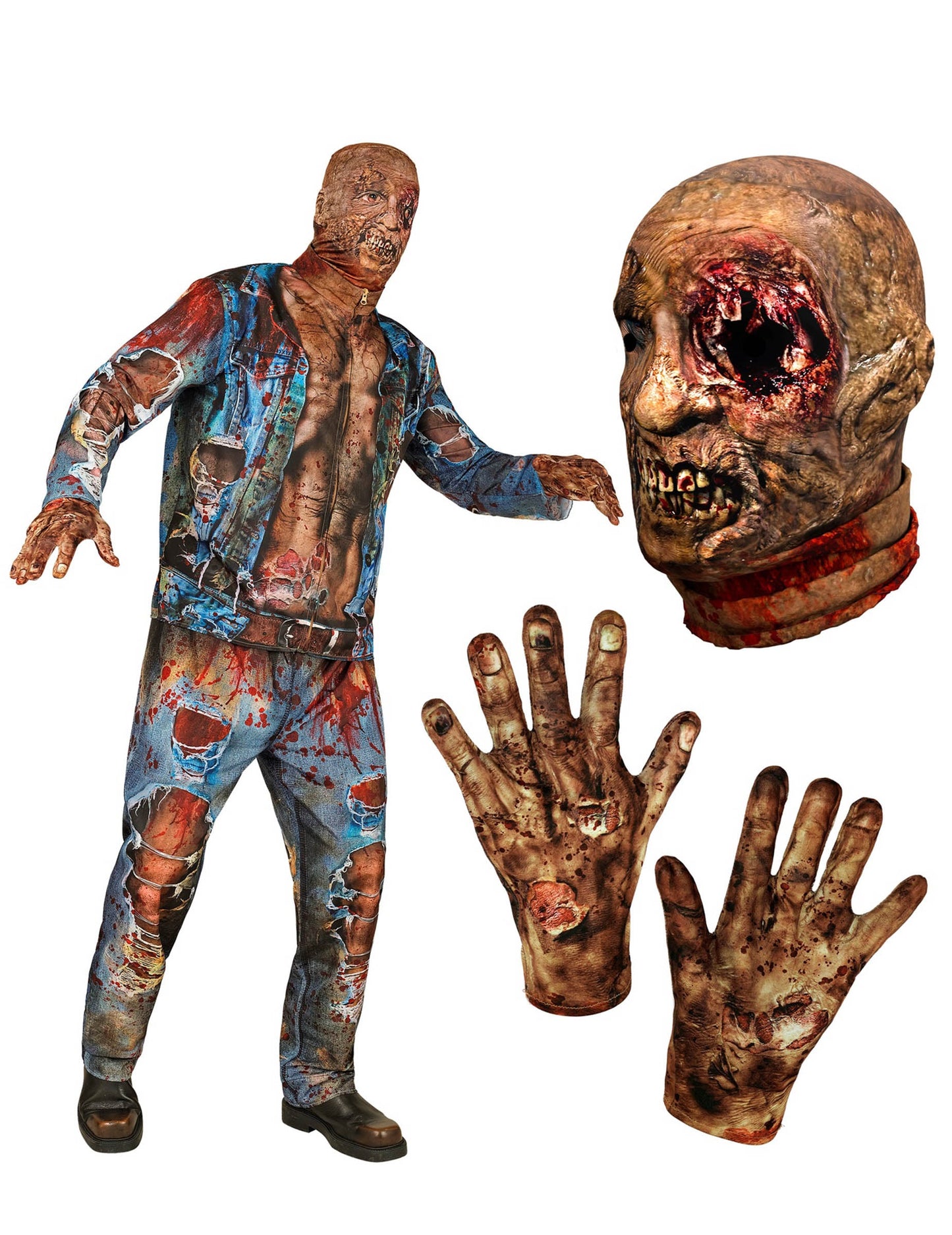 Détails du masque et des gants du déguisement intégral zombie pour adulte