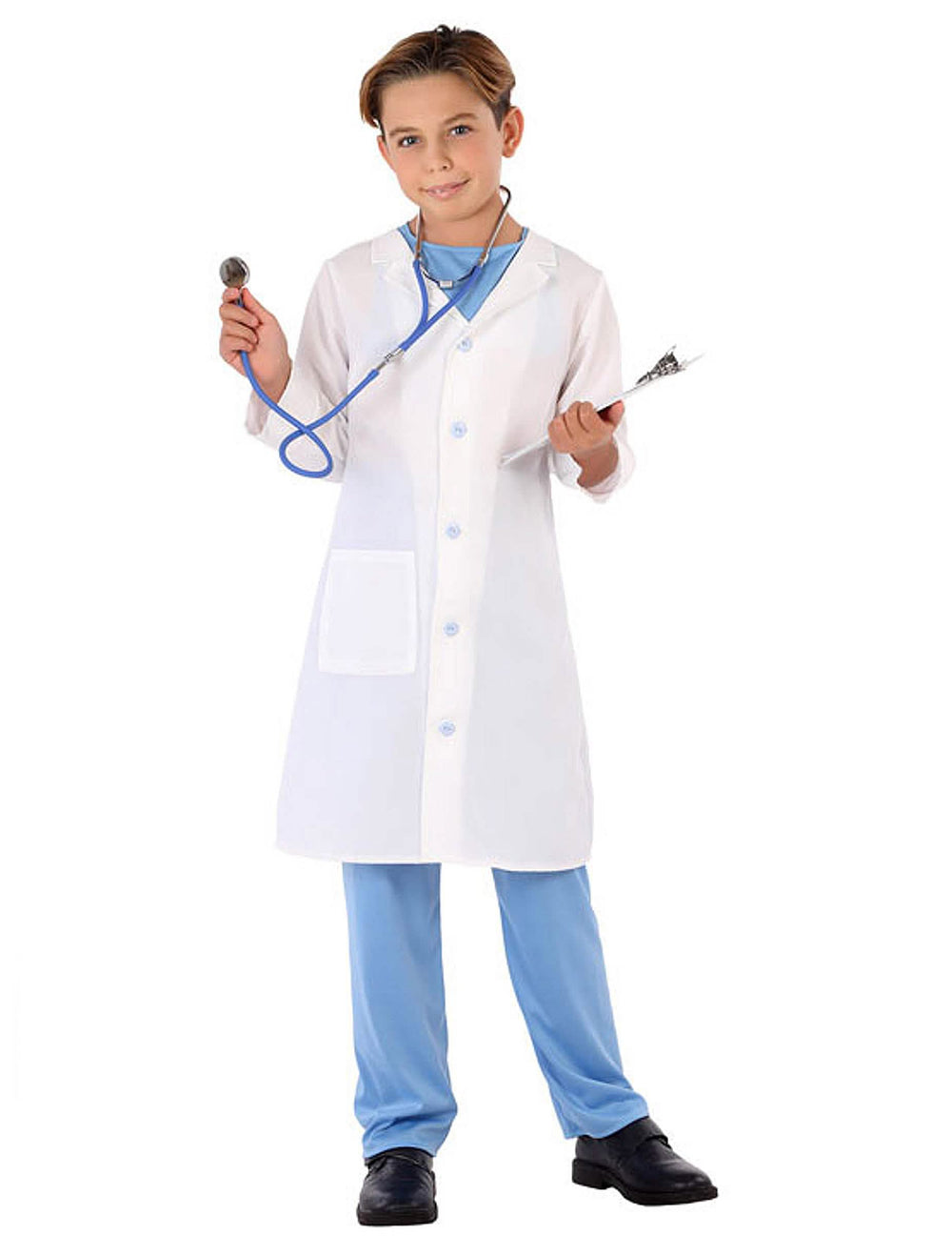 Elölnézetben, sztetoszkóppal és írótáblával ellátott gyermek doktordíszruha