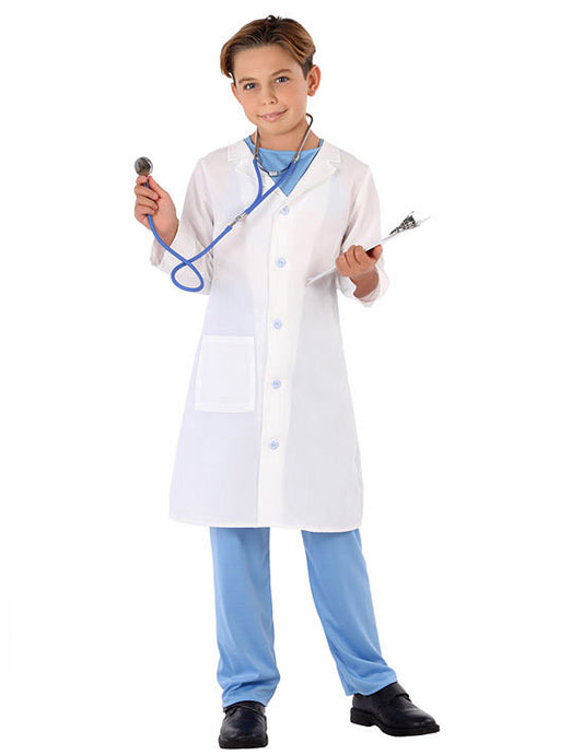 Vue de face avec stéthoscope et porte-bloc du déguisement de docteur pour enfant