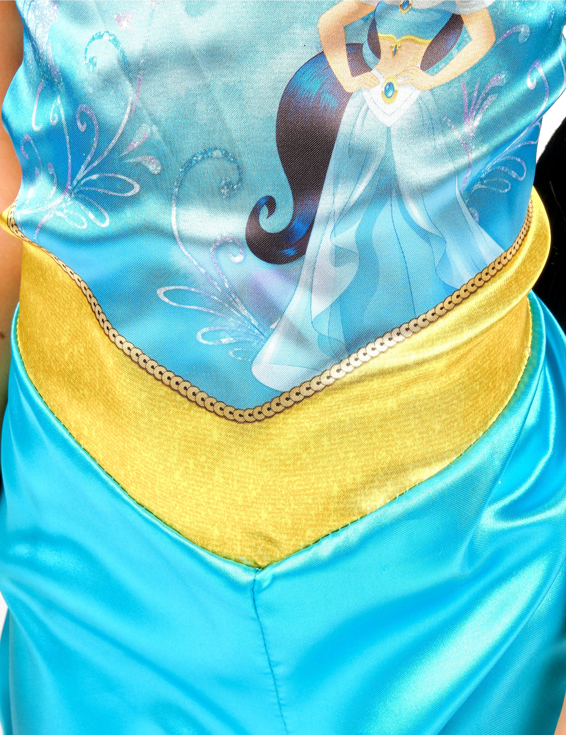 Détail de la ceinture dorée et du motif imprimé du déguisement de Jasmine™ pour enfant