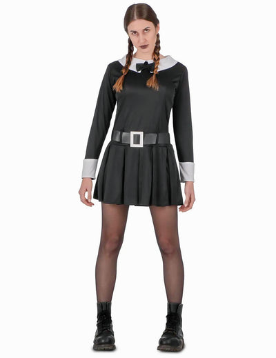 Déguisement jeune fille sinistre pour femme noir et blanc avec ceinture