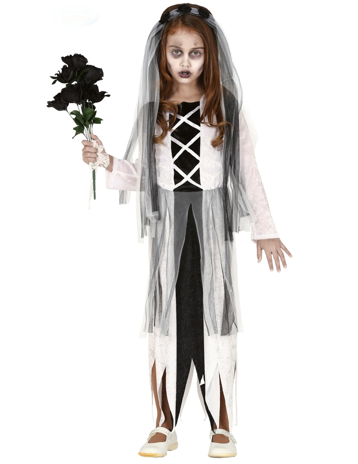 Déguisement de jeune mariée zombie pour fille blanc et noir avec voile