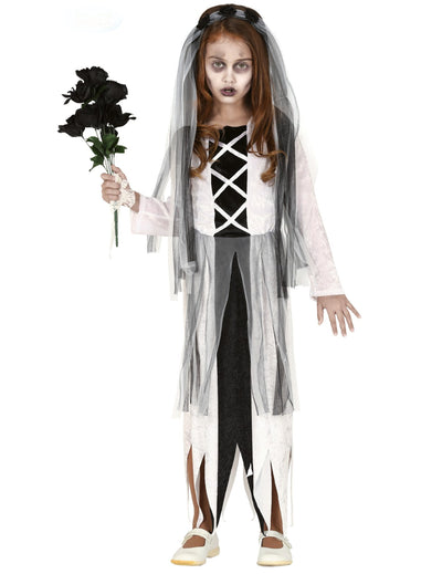 Déguisement de jeune mariée zombie pour fille blanc et noir avec voile