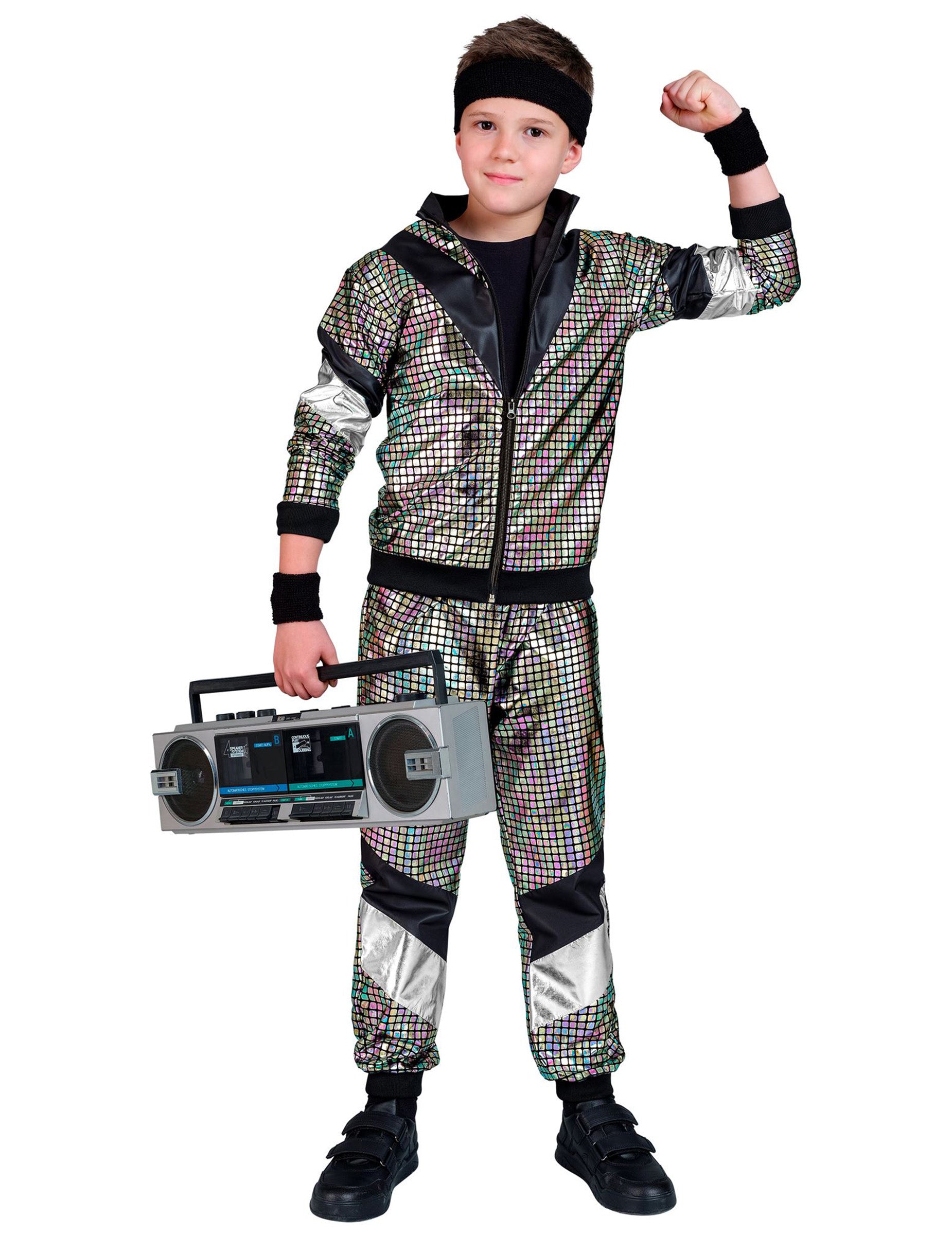 Enfant posant avec une radio à la main du déguisement jogging disco années 80