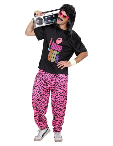 Fekete és rózsaszín, zebramintás, „I love 80's” férfi melegítős jelmez