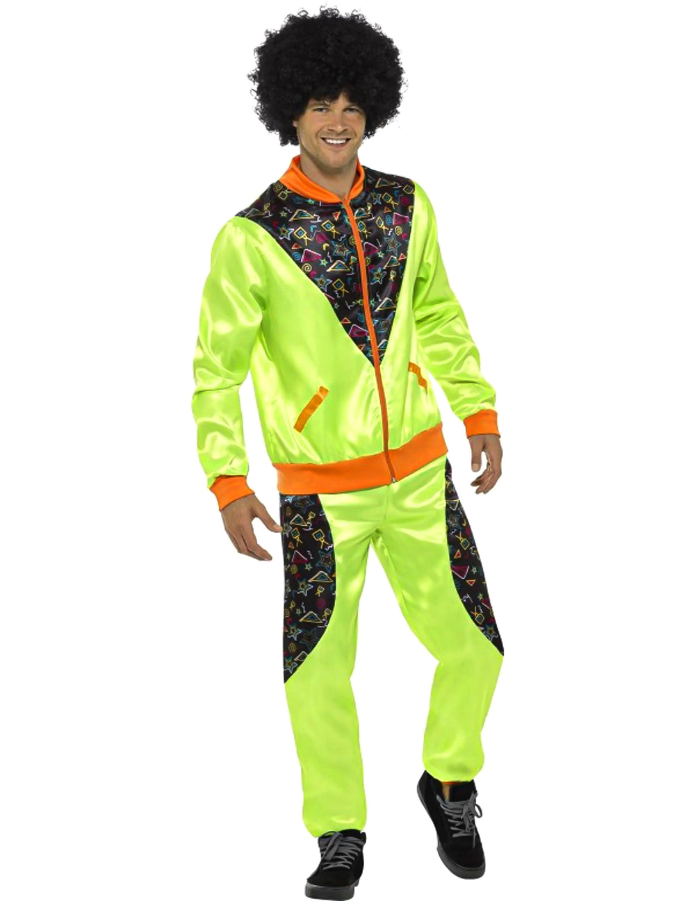 Déguisement jogging rétro pour homme vert fluo avec motifs et détails orange