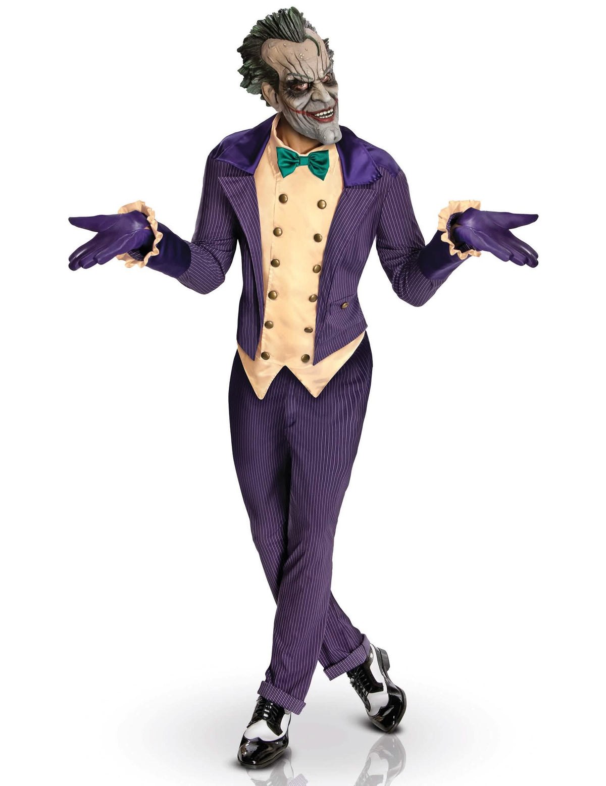 Joker™ Arkham City™ felnőtt jelmez lila csíkokkal, maszkkal és sárga mellénnyel