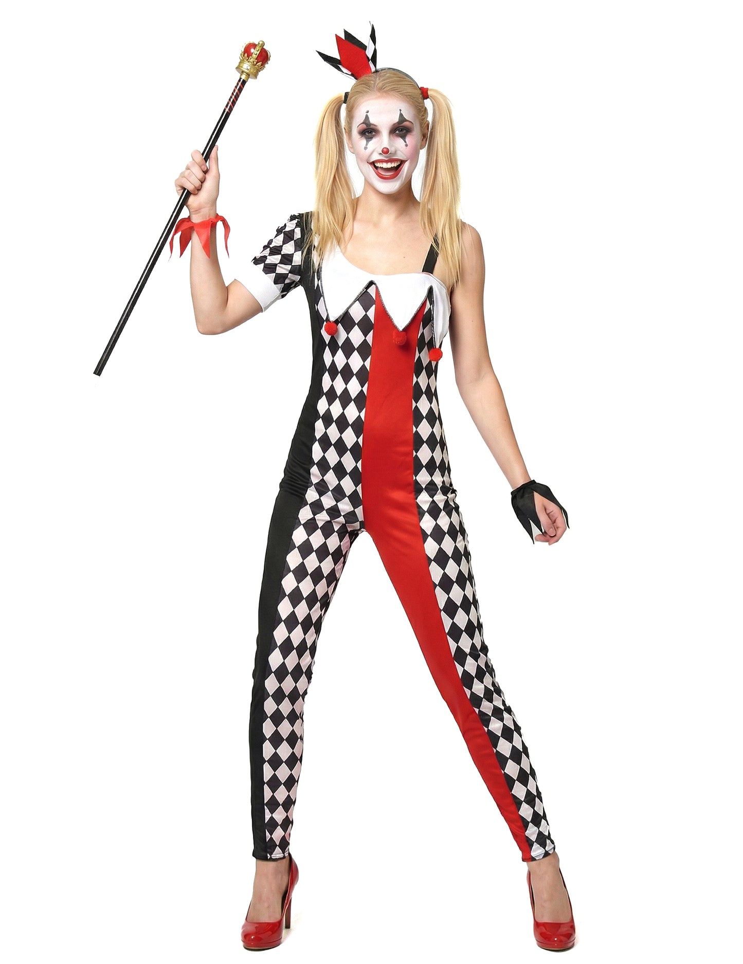 Déguisement joker pour femme noir, blanc et rouge à motifs de losanges avec sceptre