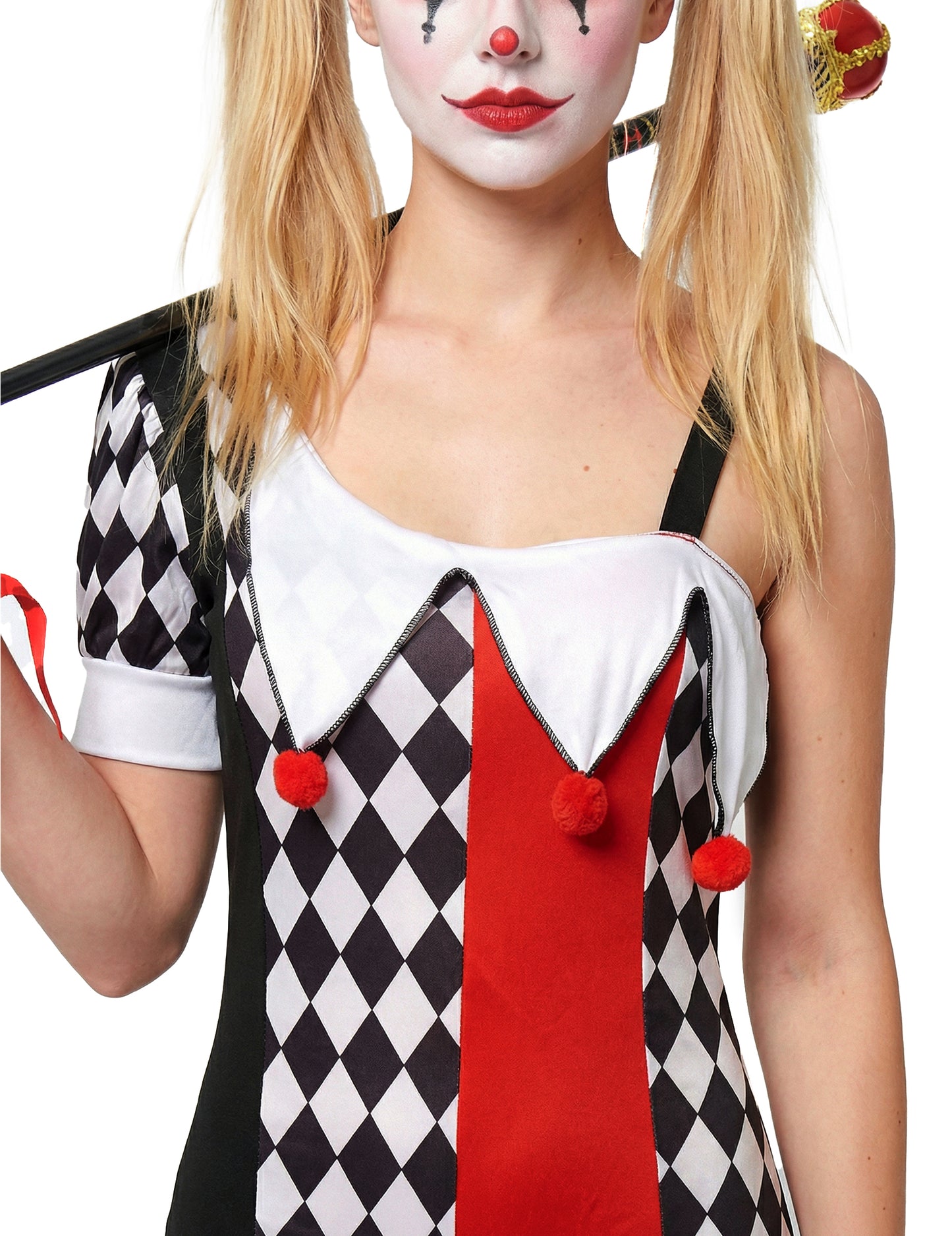 Gros plan sur le buste et le maquillage du déguisement joker pour femme