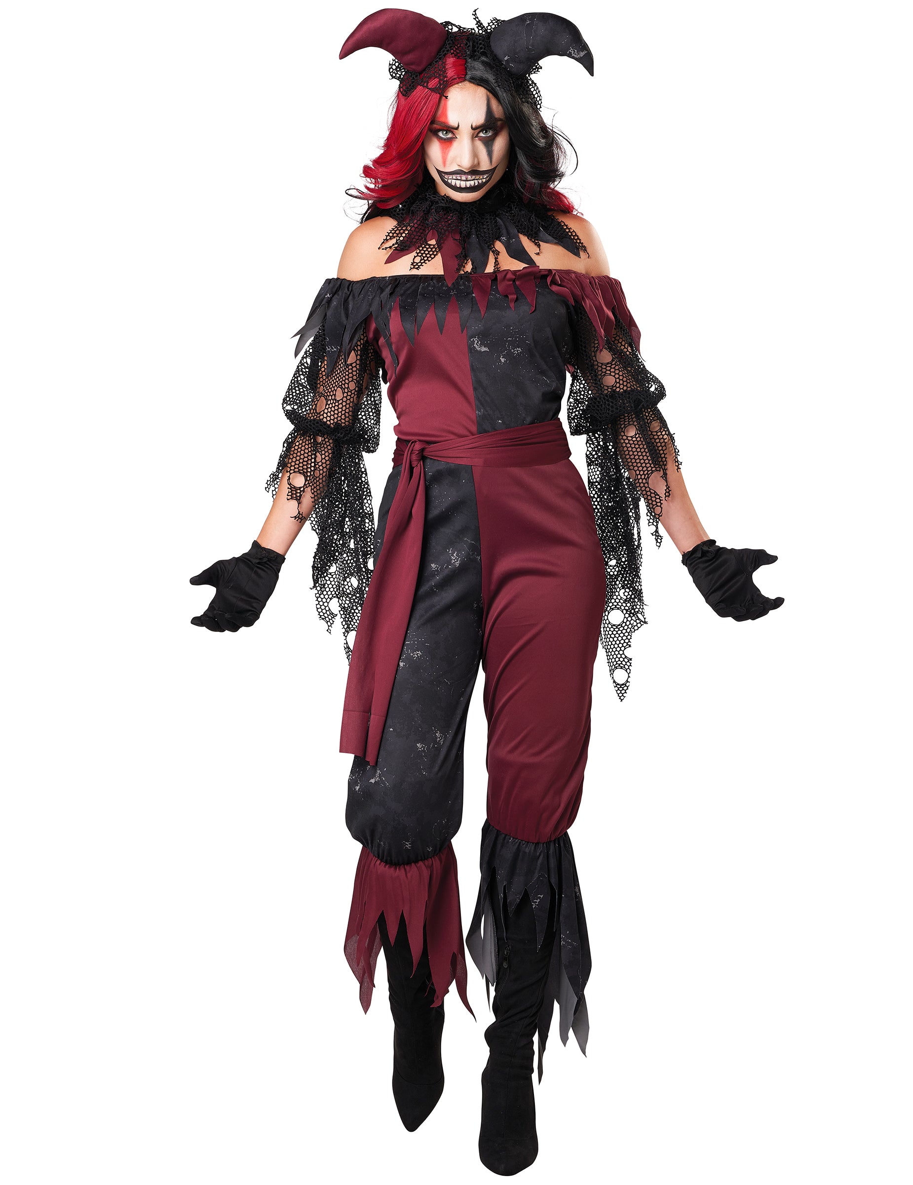 Déguisement joker psychopathe luxe pour femme bicolore rouge et noir avec manches en résille