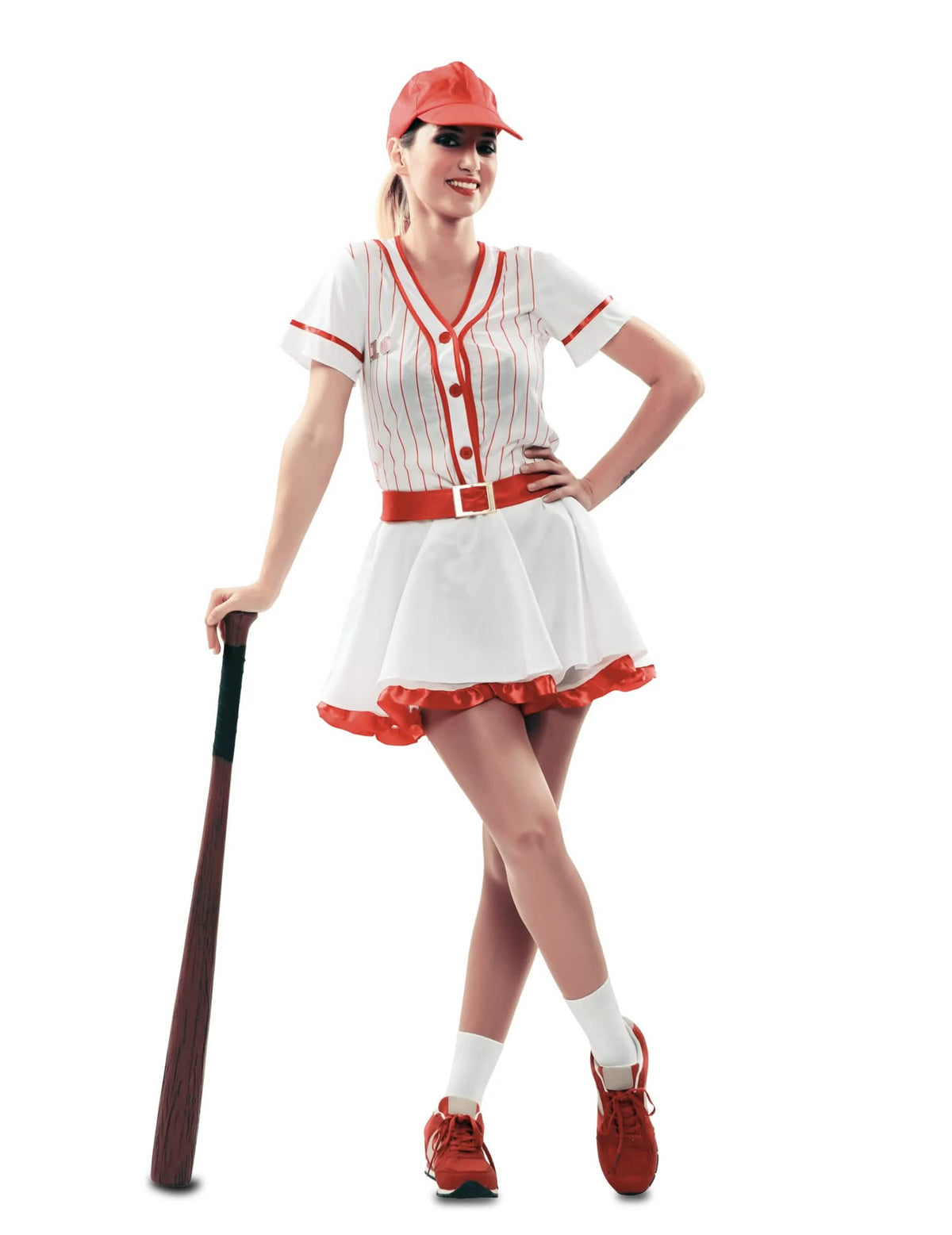 Szemből, baseballütővel, női baseball-játékos jelmez nézetben