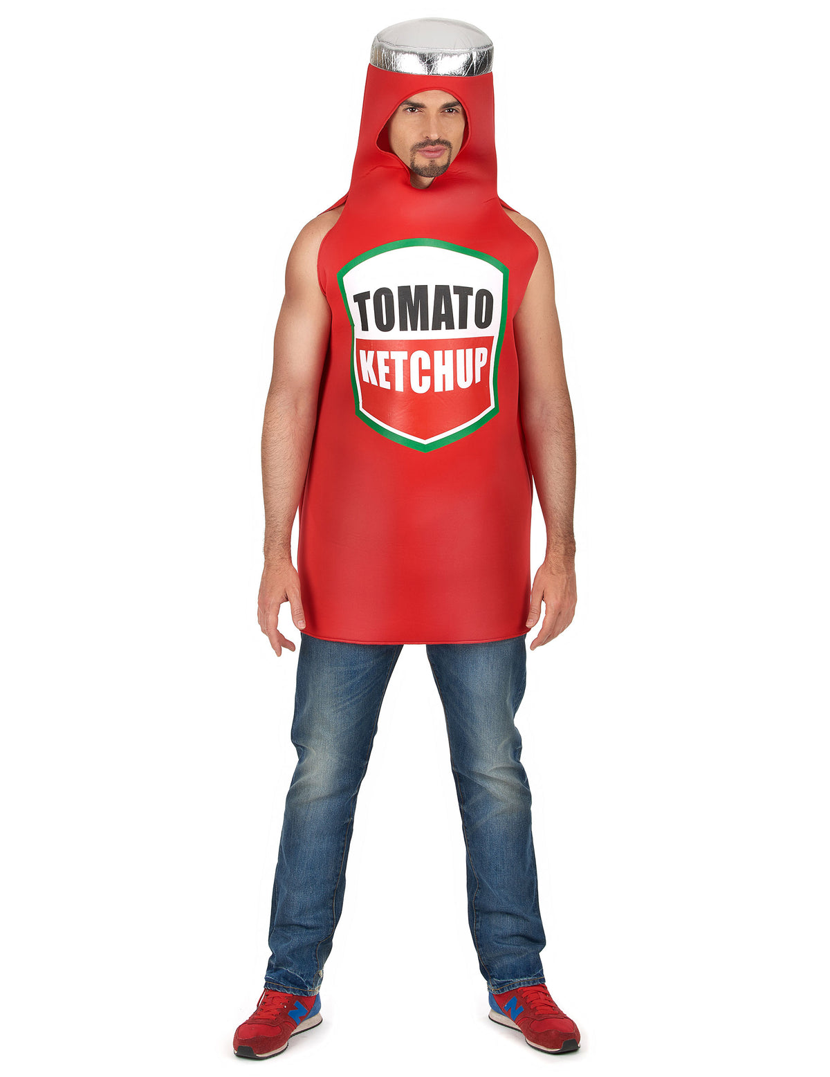 Déguisement de ketchup pour adulte rouge avec logo et bouchon argenté