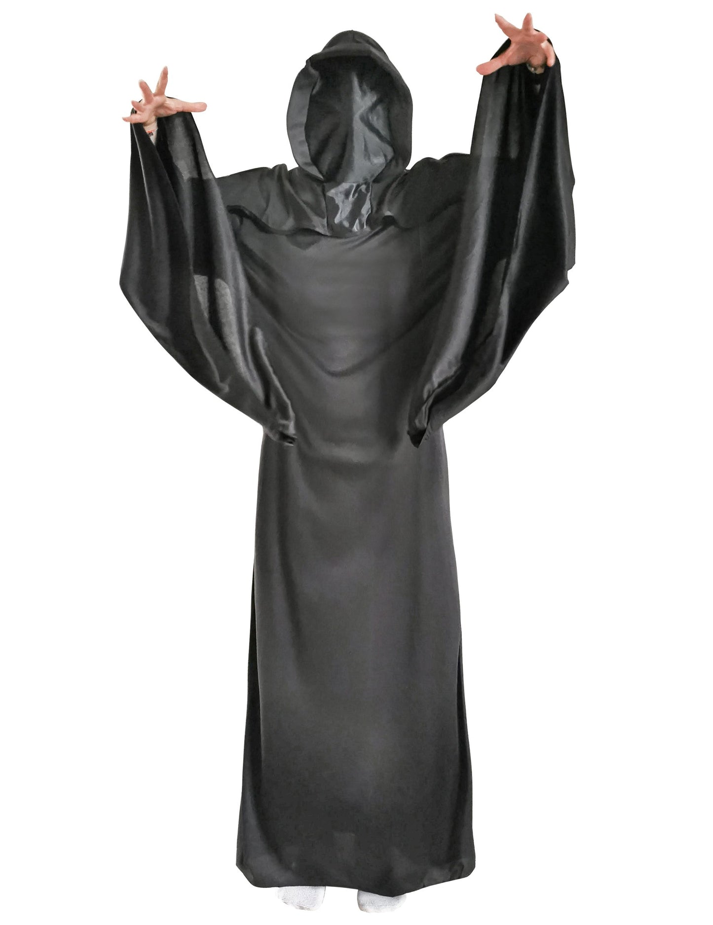 Vue de face avec bras levés du déguisement la Grande Faucheuse