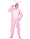 Déguisement de lapin pour homme rose avec ventre blanc et capuche à oreilles