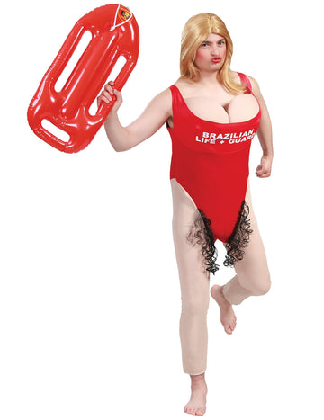 Déguisement lifeguard humoristique pour homme rouge avec faux buste et poils