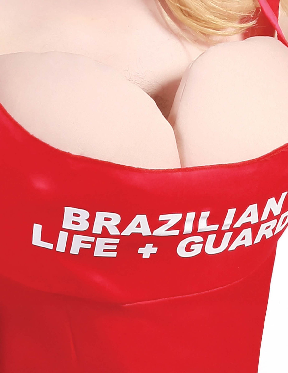 A humoros lifeguard jelmezen lévő feliratos mellrész részlete