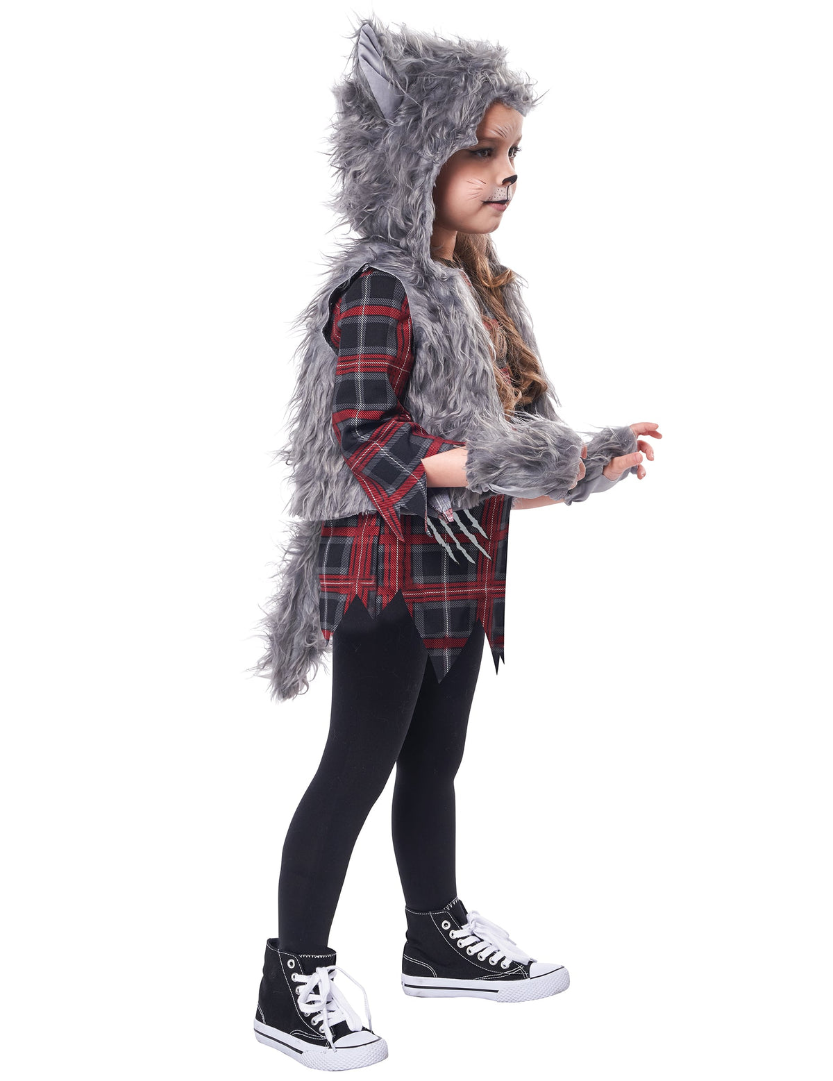 Vue de profil du déguisement loup garou pour fille gris luxe