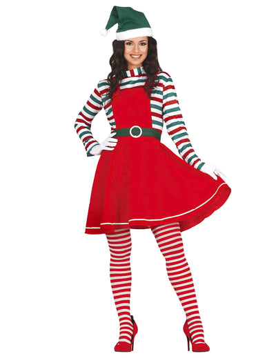 Déguisement de lutin du Père Noël pour femme rouge et vert avec haut et collants rayés