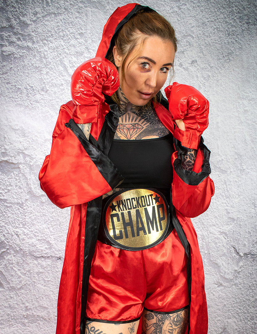 Déguisement luxe de boxeuse pour femme rouge avec peignoir et gants de boxe