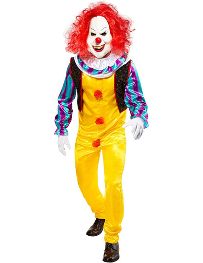 Déguisement luxe clown Ça pour adulte jaune avec manches rayées et perruque rouge