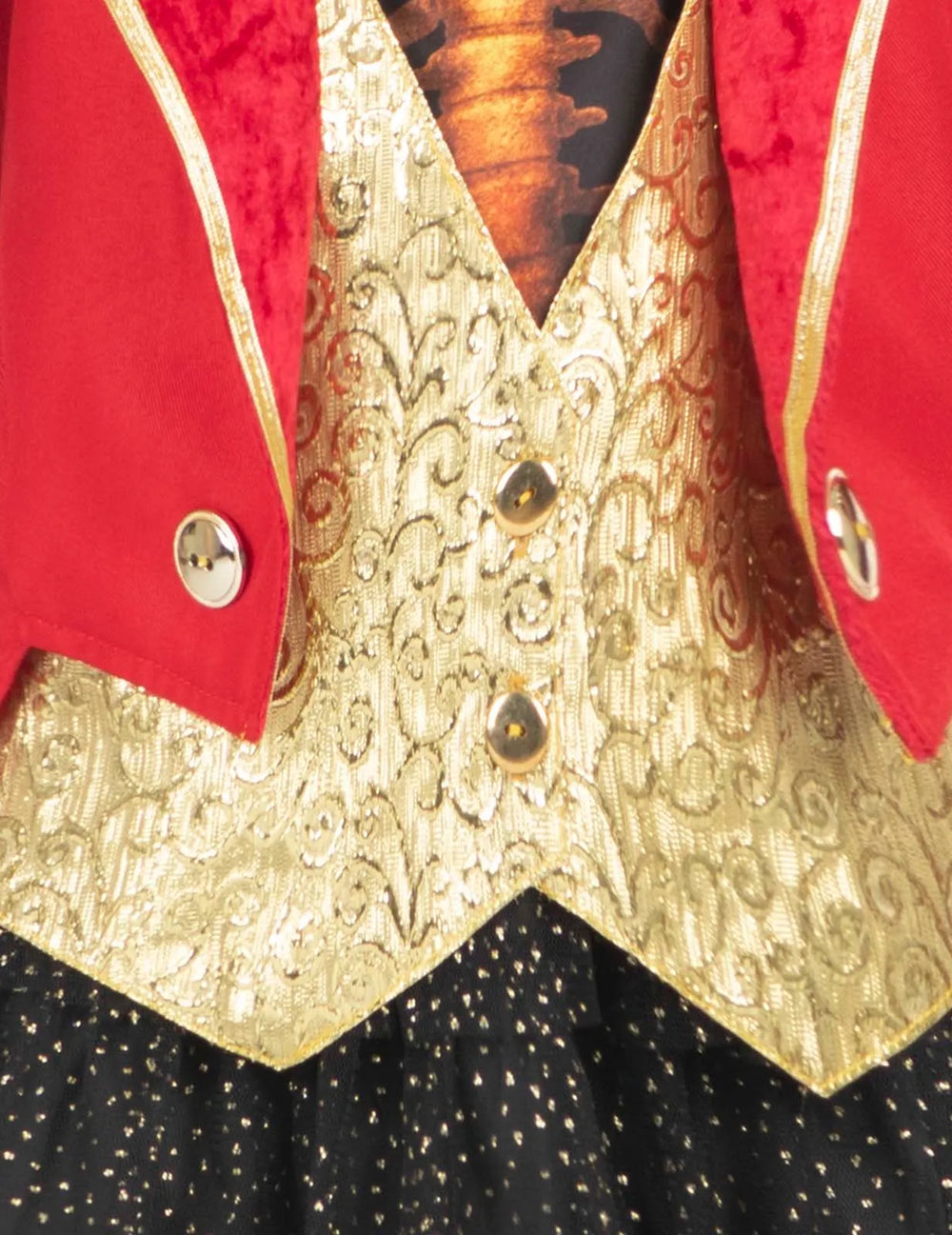 Détail du gilet doré et de la veste du déguisement de Madame Loyal squelette pour fille