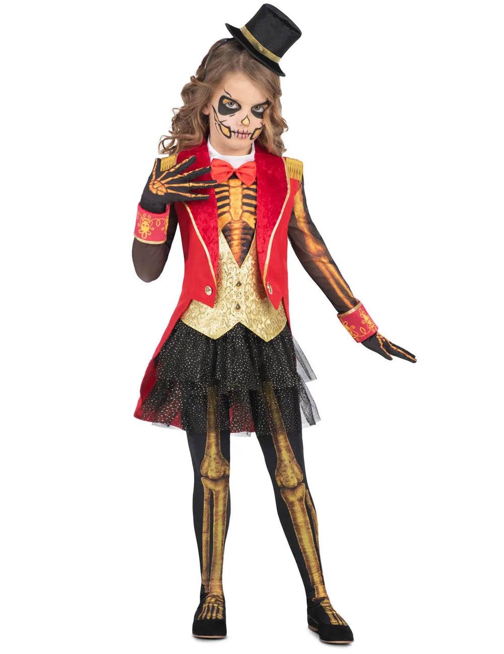 Déguisement de Madame Loyal squelette pour fille rouge et noir avec haut-de-forme