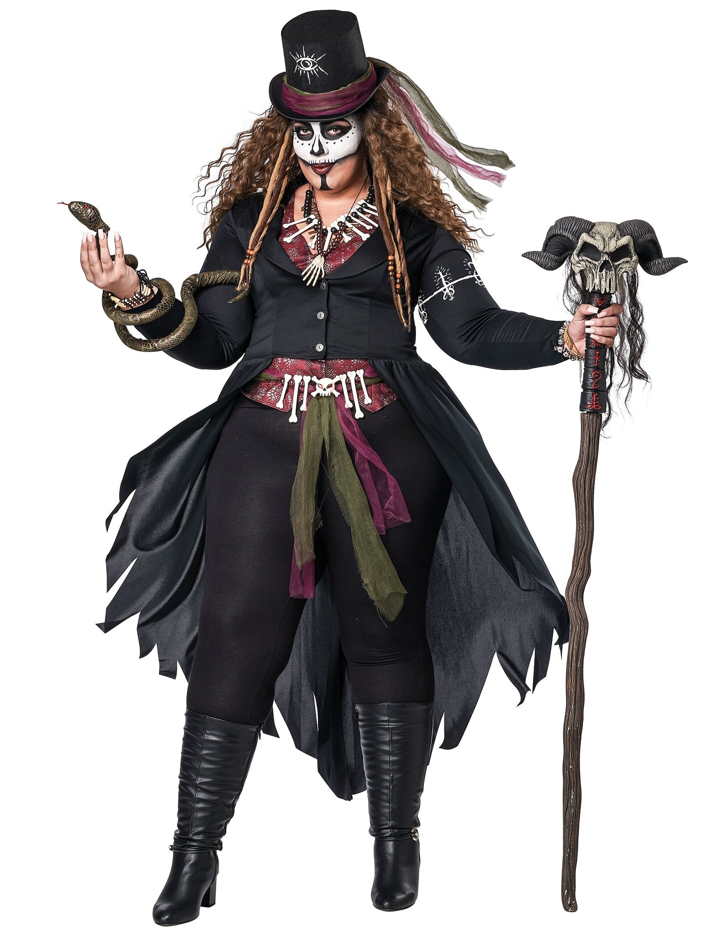 Vue en pied avec sceptre et serpent du déguisement de magicienne vaudou luxe