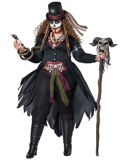 Vue en pied avec sceptre et serpent du déguisement de magicienne vaudou luxe