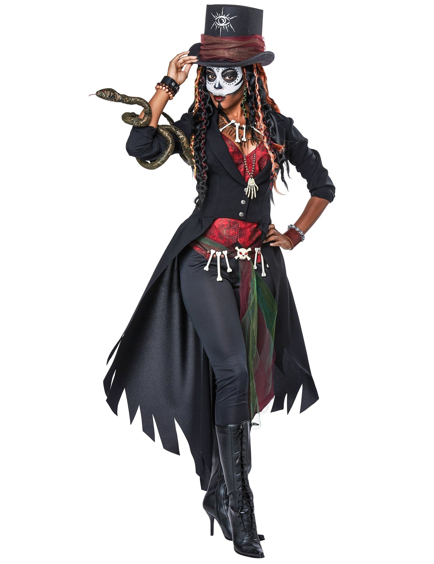 Pose avec serpent sur l'épaule du déguisement de magicienne vaudou luxe