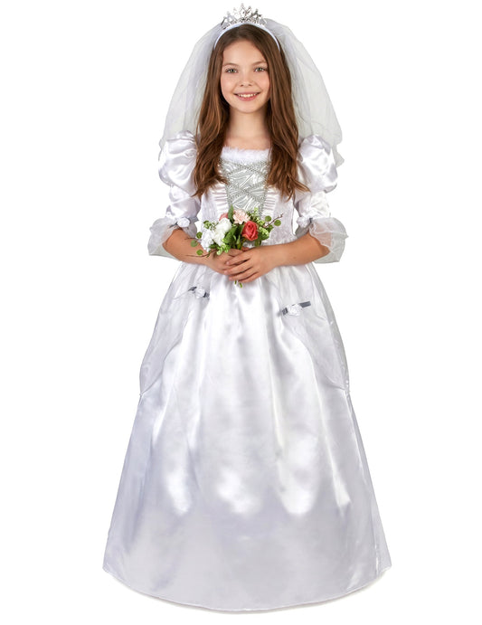 Vue de face du déguisement de mariée pour fille