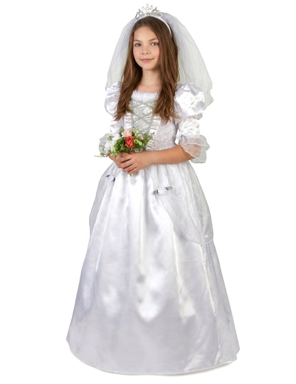 Vue d'ensemble avec bouquet du déguisement de mariée pour fille