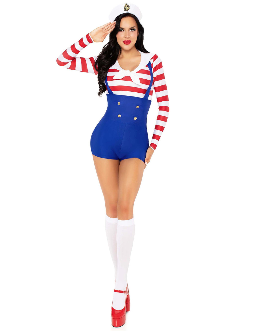 Déguisement marin rétro sexy pour femme bleu et blanc à rayures rouges avec chapeau