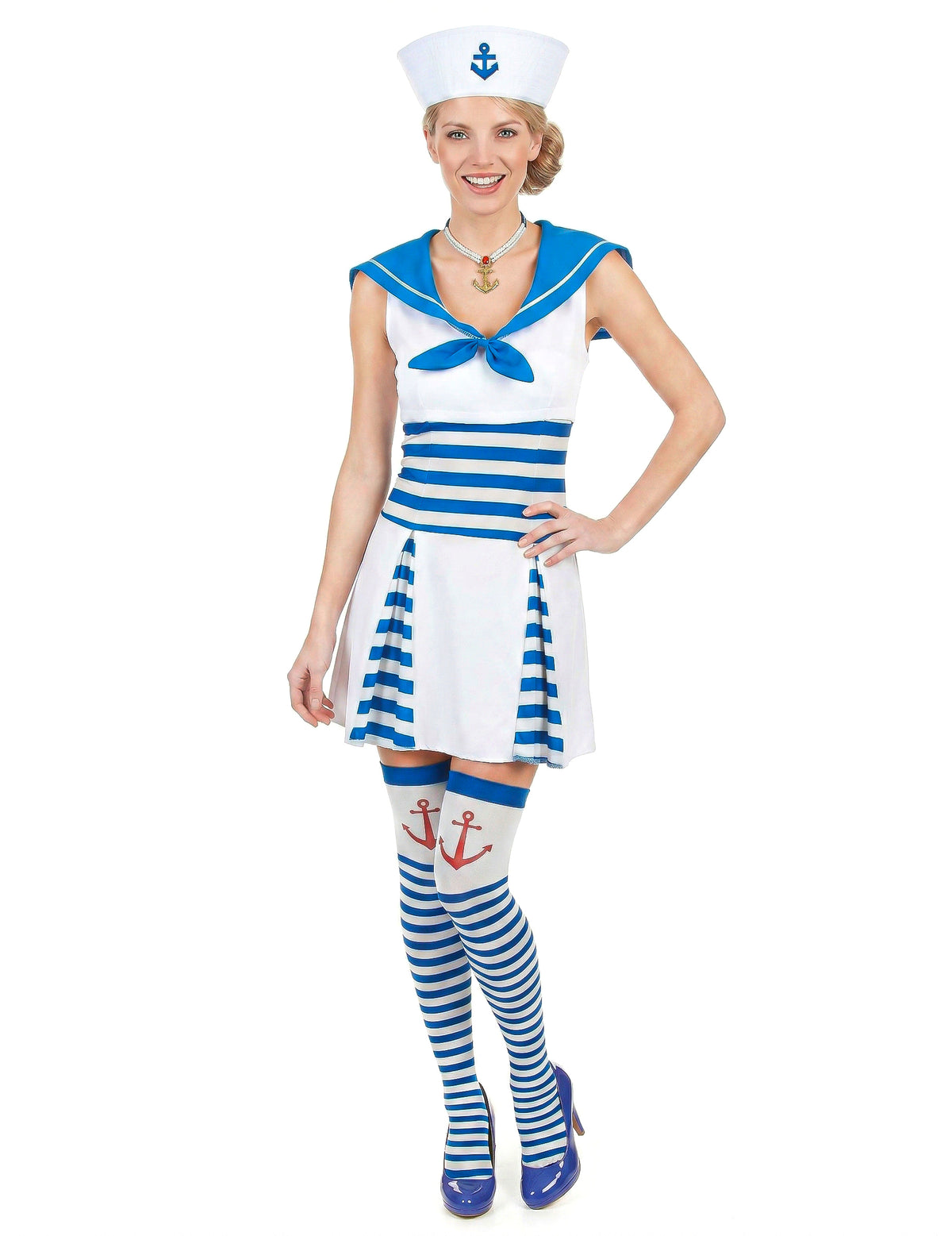 Déguisement de marin pour femme à robe rayée bleu et blanc avec chapeau