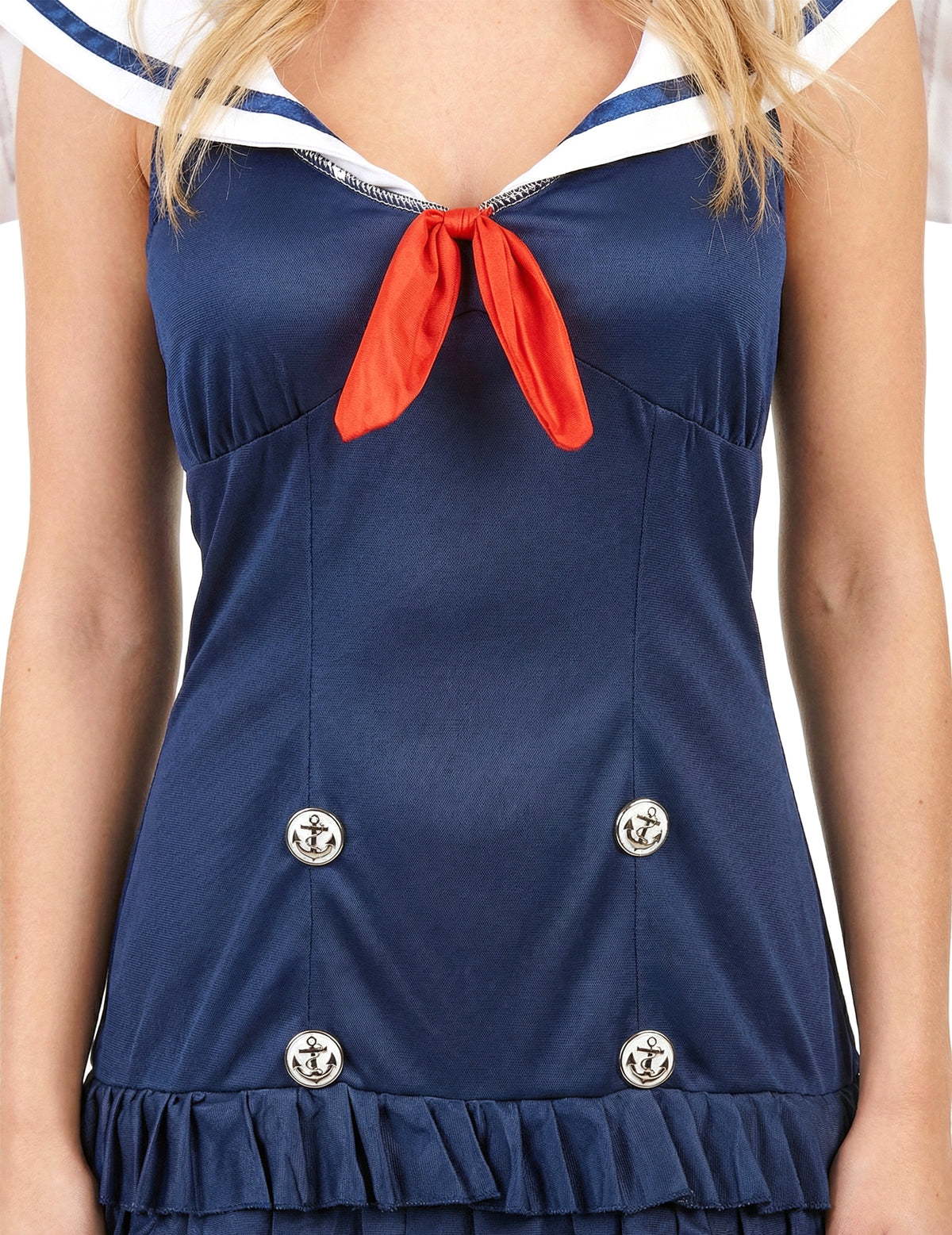 Détail du buste et des boutons du déguisement marin sexy col V