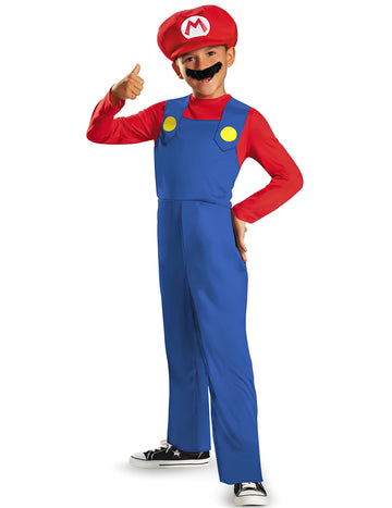 Déguisement Mario pour enfant rouge et bleu avec casquette et moustache