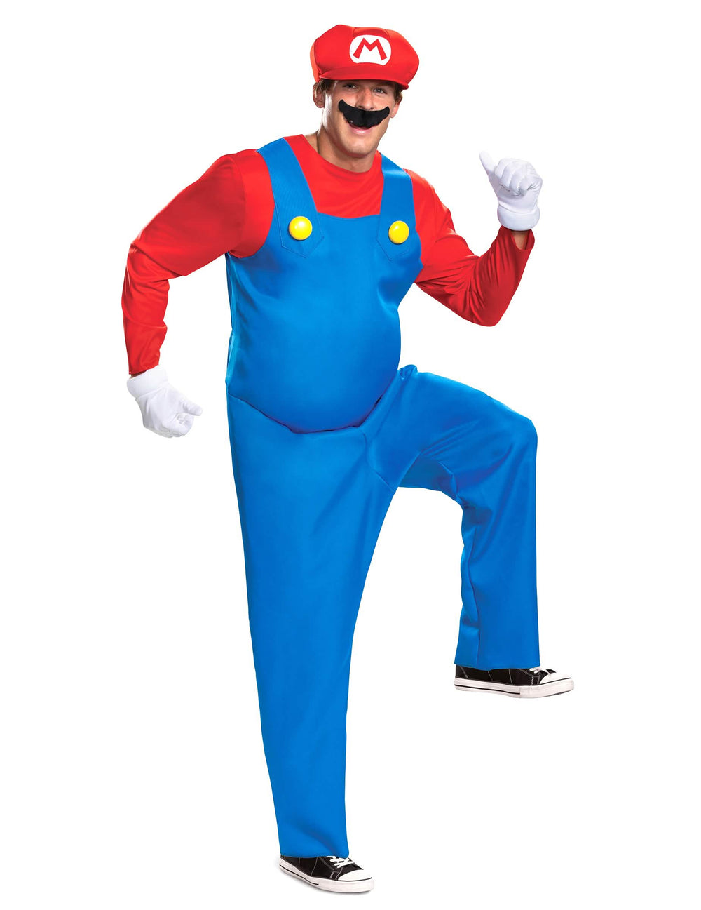 Dinamikus pózban készült áttekintő kép a felnőtt Mario jelmezről