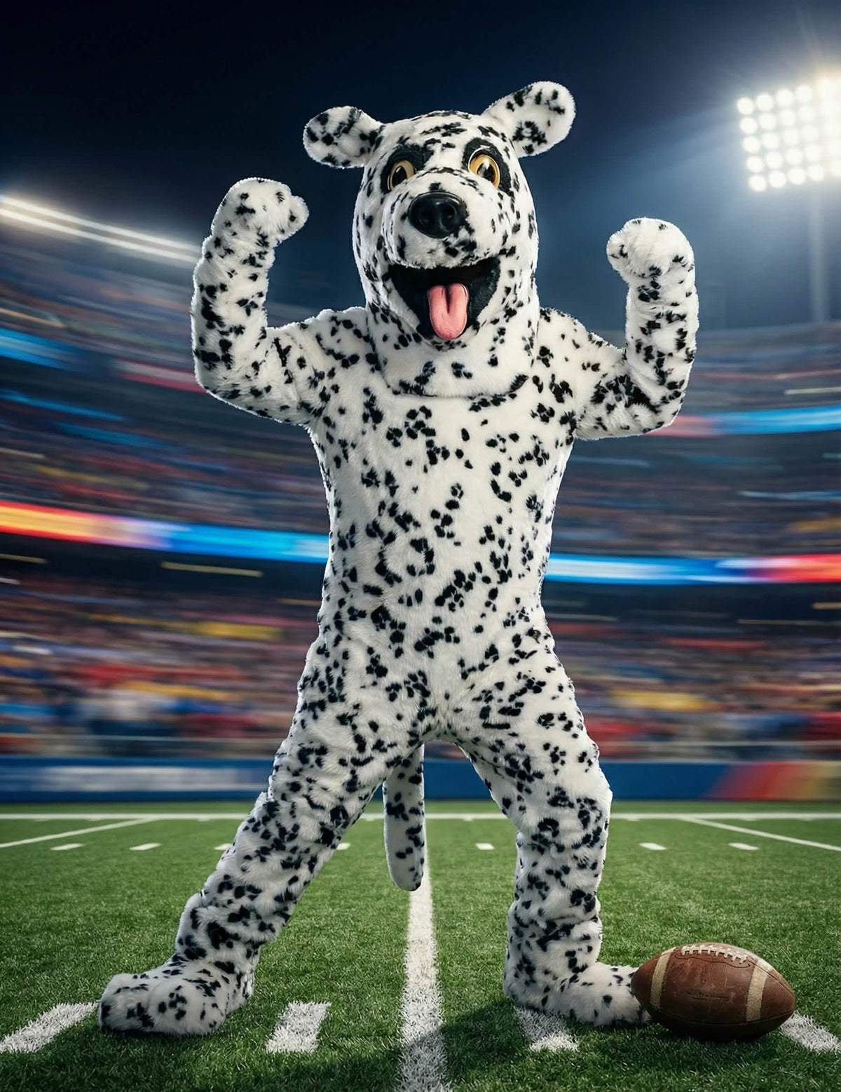 Futballstadionban megrendezett jelenet felnőtt dalmata kutyák kabalafigurák jelmezéhez