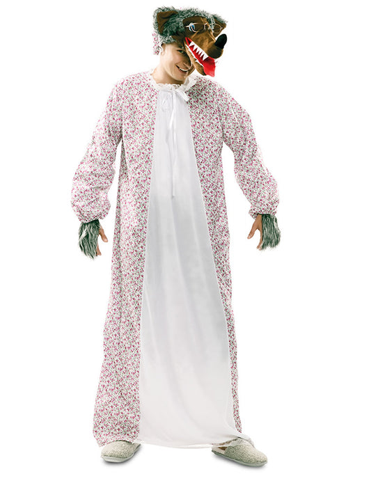 Déguisement de méchant loup grand-mère pour adulte à fleurs roses avec tablier blanc et masque de loup